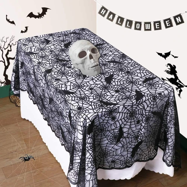 Alt view image 3 of 7 - Rectangular Halloween Tablecloth, Halloween Bat Spider Web Tablecloth Decor | 60" x 104" Black Lace Tablecloth Bat Cobweb Table Cover for Halloween Party Décor Dinner Spooky Meals Decoration
