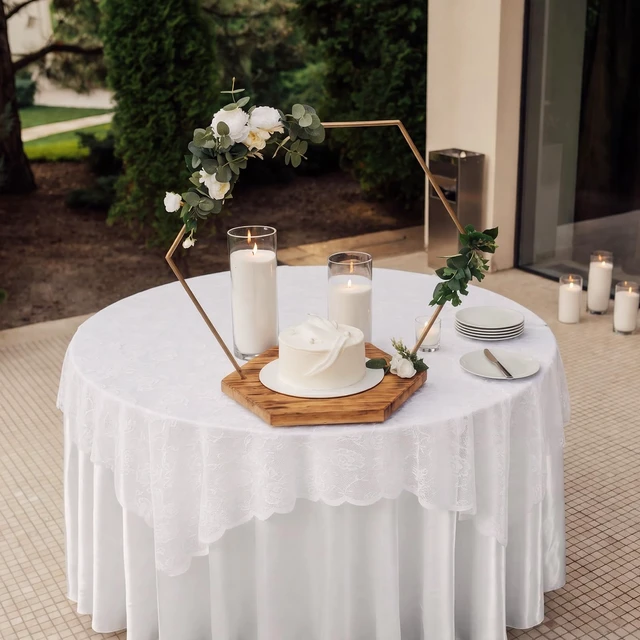 Alt view image 4 of 6 - 2 Pcs White Satin Round Tablecloth 108" with Lace Overlay | 60x60 Embroidered Topper, Layered for Wedding Reception, Cocktail Party, Bridal Shower, Satin Finish, Elegant Table Decor