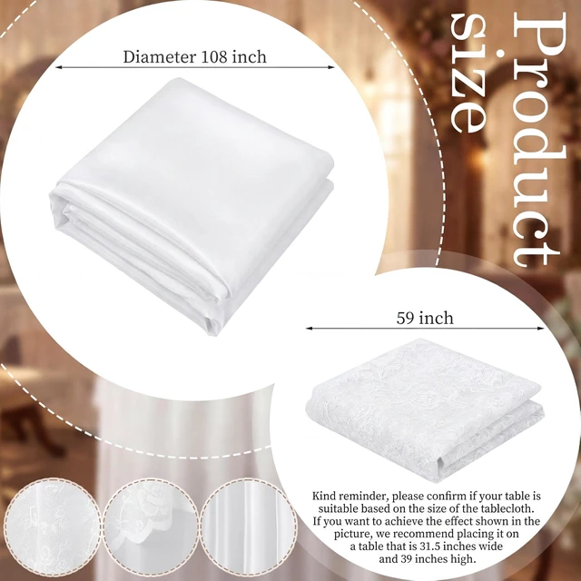 Alt view image 3 of 6 - 2 Pcs White Satin Round Tablecloth 108" with Lace Overlay | 60x60 Embroidered Topper, Layered for Wedding Reception, Cocktail Party, Bridal Shower, Satin Finish, Elegant Table Decor