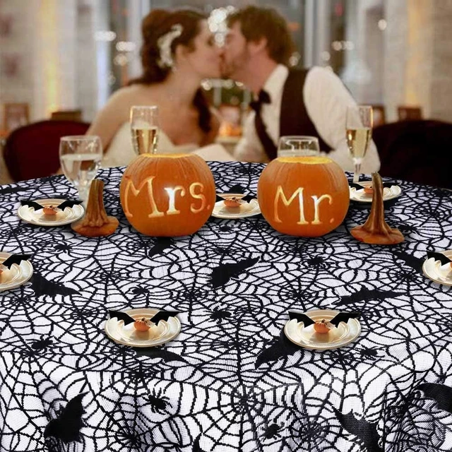 Alt view image 7 of 7 - Rectangular Halloween Tablecloth, Halloween Bat Spider Web Tablecloth Decor | 60" x 104" Black Lace Tablecloth Bat Cobweb Table Cover for Halloween Party Décor Dinner Spooky Meals Decoration