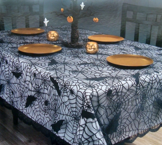 Alt view image 5 of 7 - Rectangular Halloween Tablecloth, Halloween Bat Spider Web Tablecloth Decor | 60" x 104" Black Lace Tablecloth Bat Cobweb Table Cover for Halloween Party Décor Dinner Spooky Meals Decoration