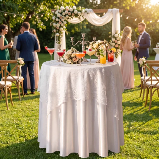 Alt view image 5 of 6 - 2 Pcs White Satin Round Tablecloth 108" with Lace Overlay | 60x60 Embroidered Topper, Layered for Wedding Reception, Cocktail Party, Bridal Shower, Satin Finish, Elegant Table Decor