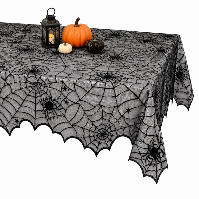 Main image of Halloween Spider Web Lace Tablecloth,54 x 72 Inch | Black Cobweb Design Table Cover,Spooky Gothic Table Cloth Decoration for Halloween Dinner Haunted House Themed Party Supplies