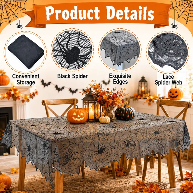 Alt view image 2 of 7 - Halloween Spider Web Lace Tablecloth,54 x 72 Inch | Black Cobweb Design Table Cover,Spooky Gothic Table Cloth Decoration for Halloween Dinner Haunted House Themed Party Supplies