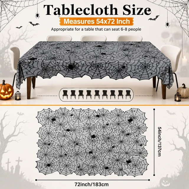 Alt view image 3 of 7 - Halloween Spider Web Lace Tablecloth,54 x 72 Inch | Black Cobweb Design Table Cover,Spooky Gothic Table Cloth Decoration for Halloween Dinner Haunted House Themed Party Supplies