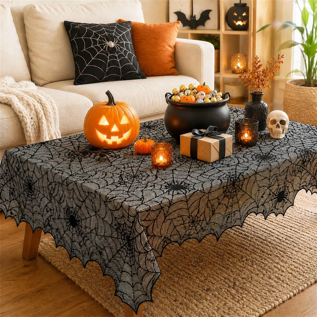 Alt view image 4 of 7 - Halloween Spider Web Lace Tablecloth,54 x 72 Inch | Black Cobweb Design Table Cover,Spooky Gothic Table Cloth Decoration for Halloween Dinner Haunted House Themed Party Supplies