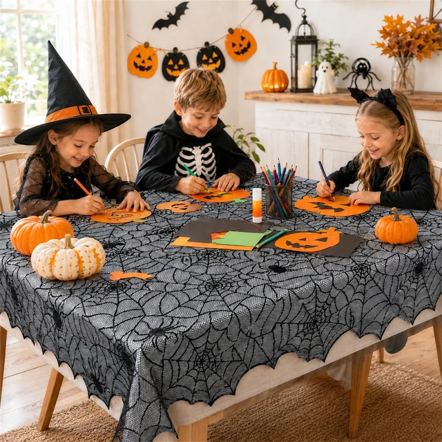 Alt view image 5 of 7 - Halloween Spider Web Lace Tablecloth,54 x 72 Inch | Black Cobweb Design Table Cover,Spooky Gothic Table Cloth Decoration for Halloween Dinner Haunted House Themed Party Supplies
