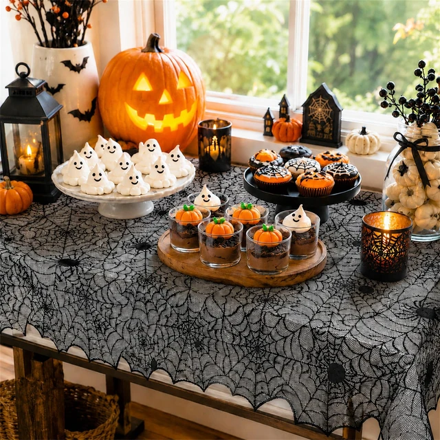 Alt view image 6 of 7 - Halloween Spider Web Lace Tablecloth,54 x 72 Inch | Black Cobweb Design Table Cover,Spooky Gothic Table Cloth Decoration for Halloween Dinner Haunted House Themed Party Supplies