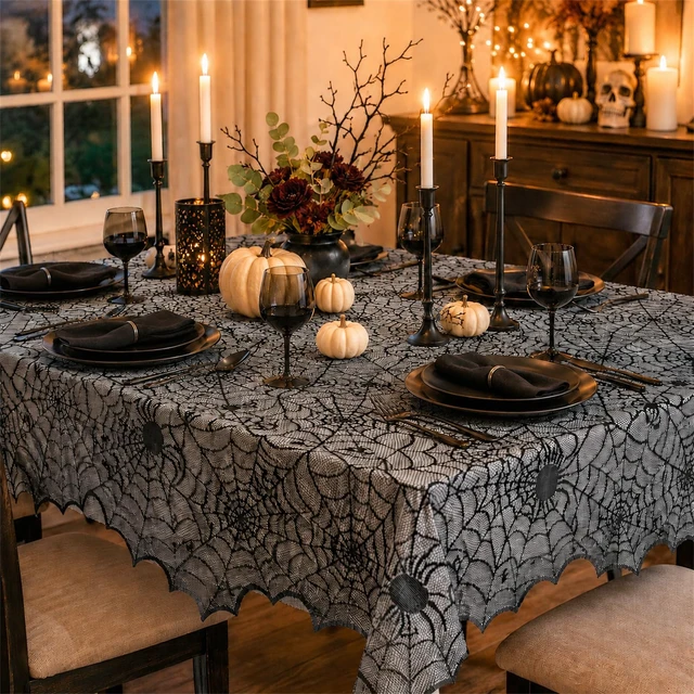 Alt view image 7 of 7 - Halloween Spider Web Lace Tablecloth,54 x 72 Inch | Black Cobweb Design Table Cover,Spooky Gothic Table Cloth Decoration for Halloween Dinner Haunted House Themed Party Supplies