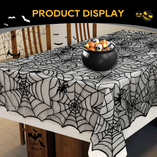 Alt view image 5 of 7 - Black Lace Halloween Tablecloth - 60x104 Inch Rectangle Spider Web | Table Cloth Cover for Gothic Party Decorations, Dining Room & Home Decor