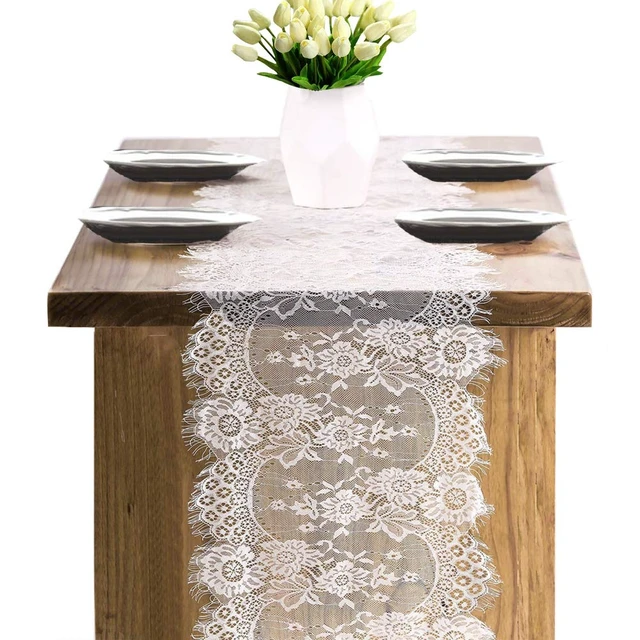 Alt view image 7 of 7 - 4 Pcs White Lace Table Runners 14 x 120 Inch Vintage Table Runner for Wedding Bridal Shower Baby Shower Party Table Decoration Rustic Rose Embroidered Boho Table Runner