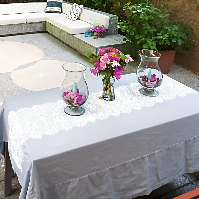Alt view image 4 of 7 - 4 Pcs White Lace Table Runners 14 x 120 Inch Vintage Table Runner for Wedding Bridal Shower Baby Shower Party Table Decoration Rustic Rose Embroidered Boho Table Runner