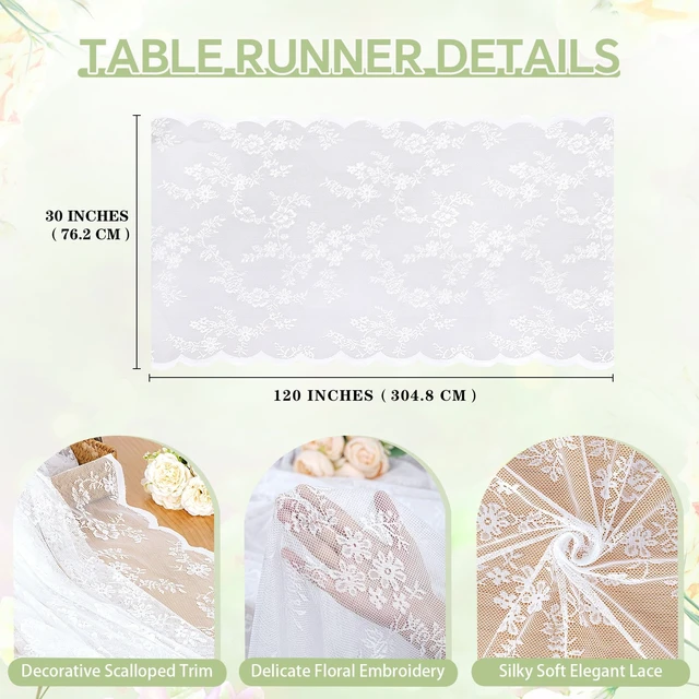 Alt view image 2 of 7 - White Lace Table Cloth 30x120inch Vintage Floral Wedding Table Fabric | Elegant Lace Rectangle Table Overlay for Wedding Reception Bridal Shower Engagement Party Anniversary Dining Decor