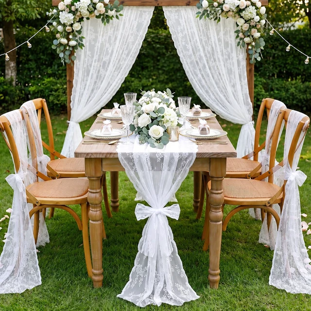 Alt view image 3 of 7 - White Lace Table Cloth 30x120inch Vintage Floral Wedding Table Fabric | Elegant Lace Rectangle Table Overlay for Wedding Reception Bridal Shower Engagement Party Anniversary Dining Decor