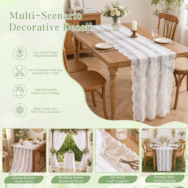 Alt view image 4 of 7 - White Lace Table Cloth 30x120inch Vintage Floral Wedding Table Fabric | Elegant Lace Rectangle Table Overlay for Wedding Reception Bridal Shower Engagement Party Anniversary Dining Decor