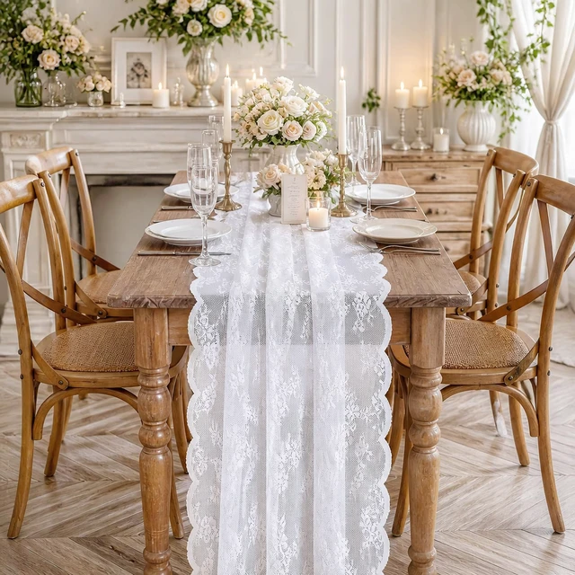 Alt view image 6 of 7 - White Lace Table Cloth 30x120inch Vintage Floral Wedding Table Fabric | Elegant Lace Rectangle Table Overlay for Wedding Reception Bridal Shower Engagement Party Anniversary Dining Decor