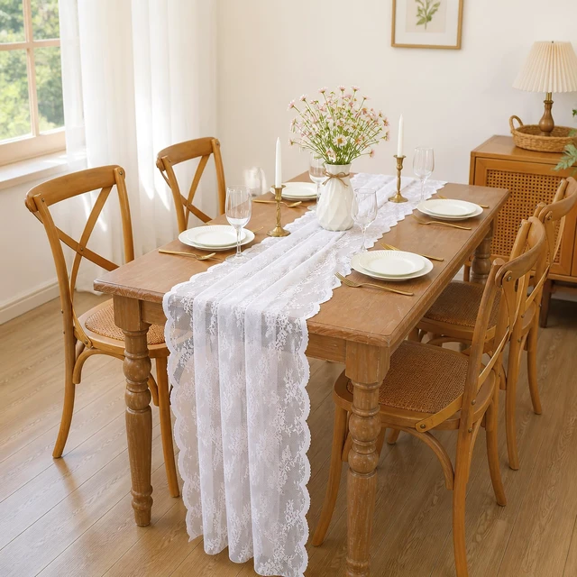 Alt view image 7 of 7 - White Lace Table Cloth 30x120inch Vintage Floral Wedding Table Fabric | Elegant Lace Rectangle Table Overlay for Wedding Reception Bridal Shower Engagement Party Anniversary Dining Decor
