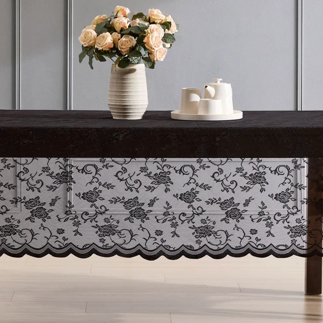 Main image of Harper Floral Lace Tablecloth, Rectangle, 60x104 Inch, Black | Wrinkle Resistant, Scalloped Tablecloth,Fabric Table Cover, Great for Weddings, Baby Shower and Parties