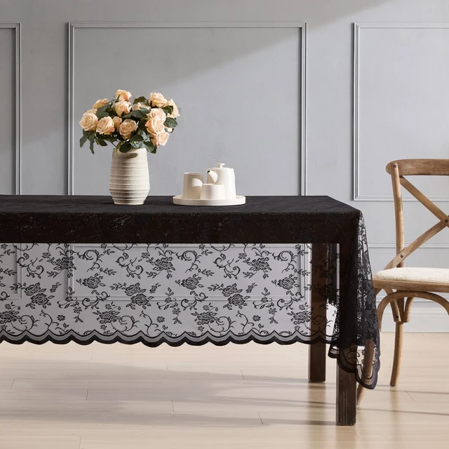 Alt view image 2 of 4 - Harper Floral Lace Tablecloth, Rectangle, 60x104 Inch, Black | Wrinkle Resistant, Scalloped Tablecloth,Fabric Table Cover, Great for Weddings, Baby Shower and Parties