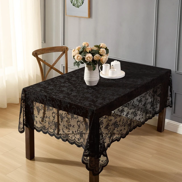 Alt view image 3 of 4 - Harper Floral Lace Tablecloth, Rectangle, 60x104 Inch, Black | Wrinkle Resistant, Scalloped Tablecloth,Fabric Table Cover, Great for Weddings, Baby Shower and Parties