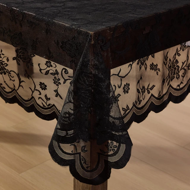 Alt view image 4 of 4 - Harper Floral Lace Tablecloth, Rectangle, 60x104 Inch, Black | Wrinkle Resistant, Scalloped Tablecloth,Fabric Table Cover, Great for Weddings, Baby Shower and Parties