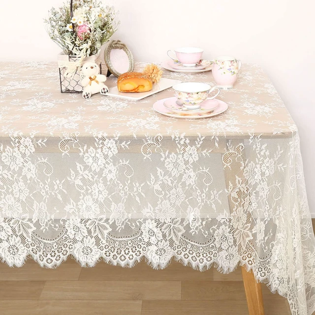 Main image of Ivory Lace Tablecloth 60x120 Inch Wedding Rectangular Table Cloth Overlay | Vintage Embroidered Lace Fabric for Rustic Fall Tea Party Reception Home Decoraiton, Scalloped Edge, Soft Reusable Fabric