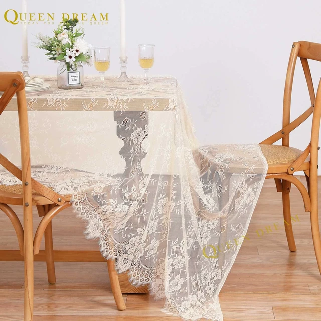 Alt view image 2 of 7 - Ivory Lace Tablecloth 60x120 Inch Wedding Rectangular Table Cloth Overlay | Vintage Embroidered Lace Fabric for Rustic Fall Tea Party Reception Home Decoraiton, Scalloped Edge, Soft Reusable Fabric
