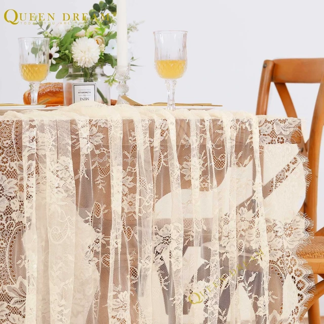 Alt view image 4 of 7 - Ivory Lace Tablecloth 60x120 Inch Wedding Rectangular Table Cloth Overlay | Vintage Embroidered Lace Fabric for Rustic Fall Tea Party Reception Home Decoraiton, Scalloped Edge, Soft Reusable Fabric