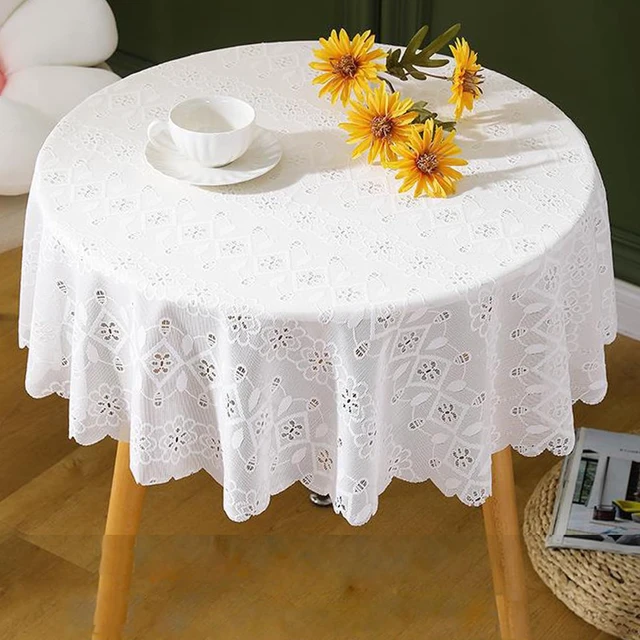 Alt view image 2 of 6 - White Lace Round Tablecloth with Floral Pattern 70 Inch Rustic Embroidery Lace Table Cover for Rustic Boho Wedding Party Daily Use