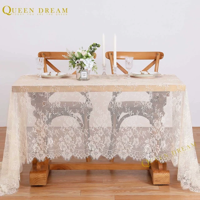 Alt view image 3 of 7 - Ivory Lace Tablecloth 60x120 Inch Wedding Rectangular Table Cloth Overlay | Vintage Embroidered Lace Fabric for Rustic Fall Tea Party Reception Home Decoraiton, Scalloped Edge, Soft Reusable Fabric