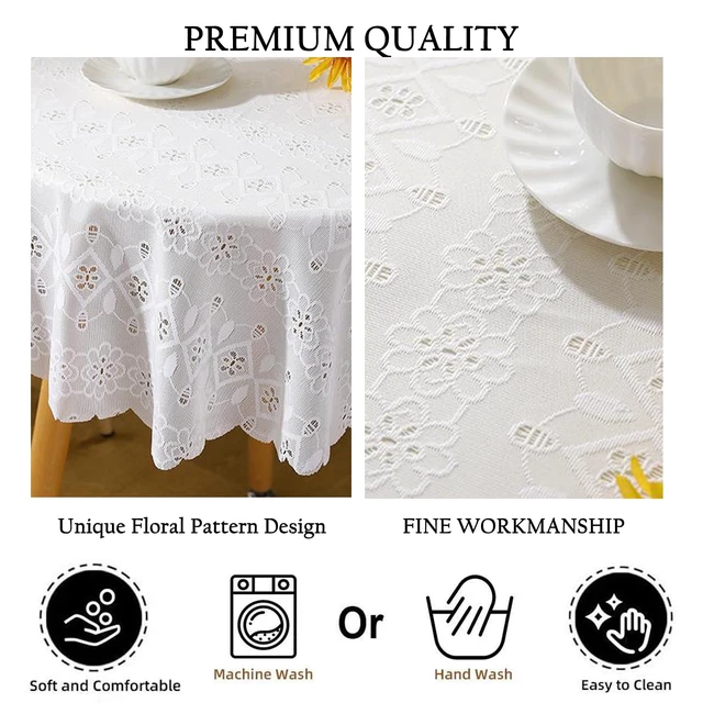 Alt view image 3 of 6 - White Lace Round Tablecloth with Floral Pattern 70 Inch Rustic Embroidery Lace Table Cover for Rustic Boho Wedding Party Daily Use