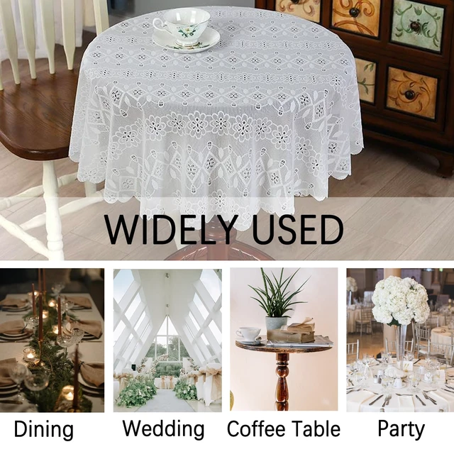 Alt view image 5 of 6 - White Lace Round Tablecloth with Floral Pattern 70 Inch Rustic Embroidery Lace Table Cover for Rustic Boho Wedding Party Daily Use