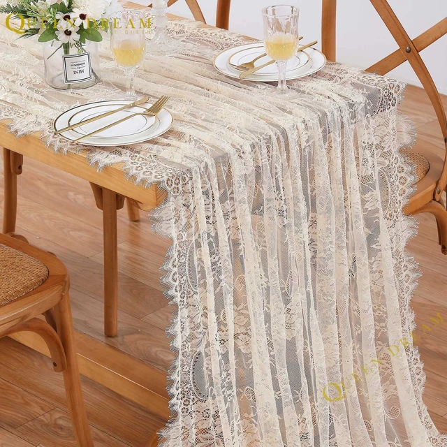 Alt view image 7 of 7 - Ivory Lace Tablecloth 60x120 Inch Wedding Rectangular Table Cloth Overlay | Vintage Embroidered Lace Fabric for Rustic Fall Tea Party Reception Home Decoraiton, Scalloped Edge, Soft Reusable Fabric