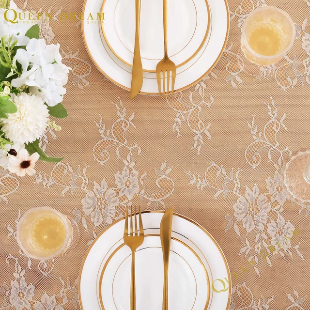Alt view image 5 of 7 - Ivory Lace Tablecloth 60x120 Inch Wedding Rectangular Table Cloth Overlay | Vintage Embroidered Lace Fabric for Rustic Fall Tea Party Reception Home Decoraiton, Scalloped Edge, Soft Reusable Fabric
