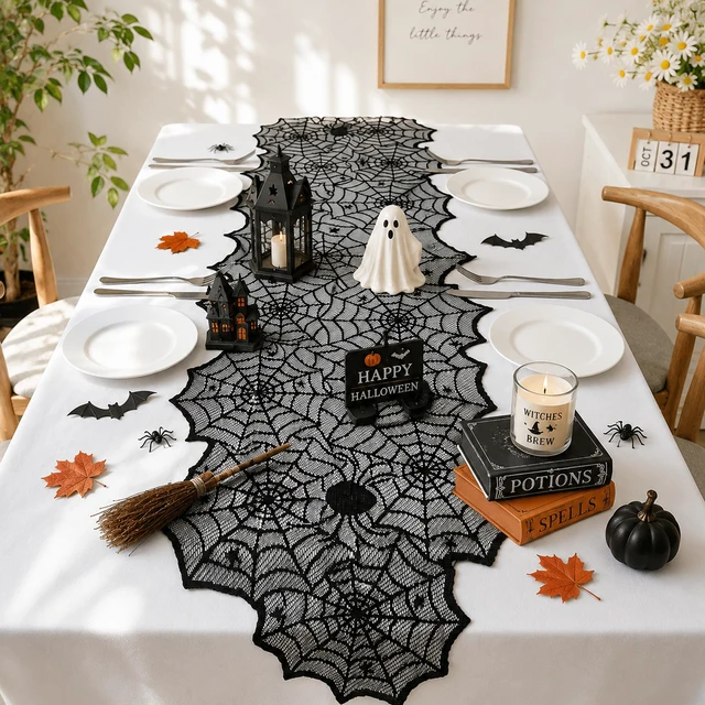 Alt view image 2 of 7 - Halloween Decorations - Black Lace Spider Web Table Runner | Halloween Decor Party Favors Supplies for Indoor Outdoor - Halloween Table Centerpiece Decor for Home Office Dining Kitchen, 18 X 72 Inch