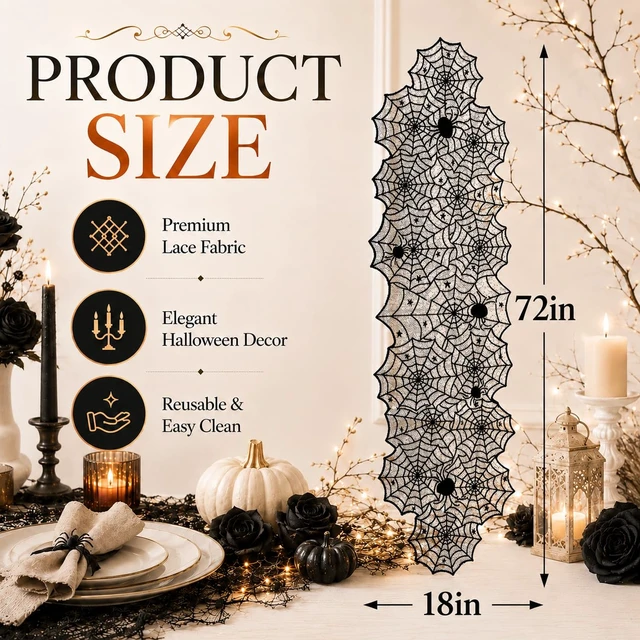 Alt view image 3 of 7 - Halloween Decorations - Black Lace Spider Web Table Runner | Halloween Decor Party Favors Supplies for Indoor Outdoor - Halloween Table Centerpiece Decor for Home Office Dining Kitchen, 18 X 72 Inch