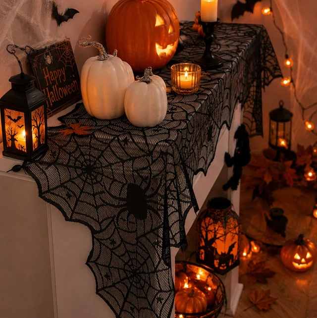 Alt view image 6 of 7 - Halloween Decorations - Black Lace Spider Web Table Runner | Halloween Decor Party Favors Supplies for Indoor Outdoor - Halloween Table Centerpiece Decor for Home Office Dining Kitchen, 18 X 72 Inch