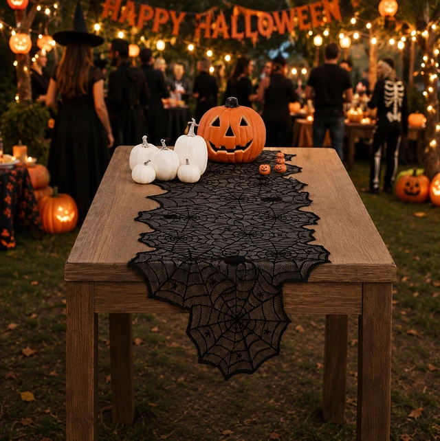 Alt view image 5 of 7 - Halloween Decorations - Black Lace Spider Web Table Runner | Halloween Decor Party Favors Supplies for Indoor Outdoor - Halloween Table Centerpiece Decor for Home Office Dining Kitchen, 18 X 72 Inch