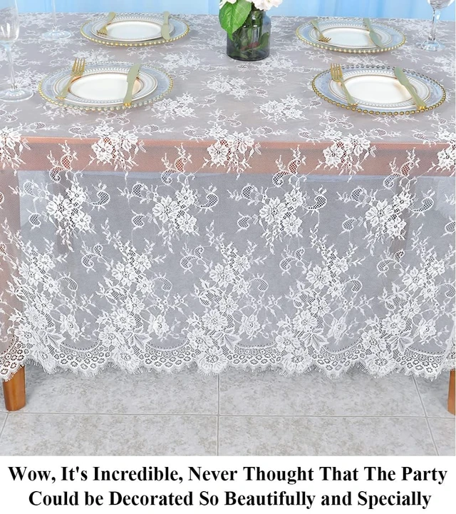 Alt view image 2 of 6 - White Lace Tablecloth Rectangular 60x120 Inch Sheer Wedding Party Decor | Vintage Boho Embroidered Floral Lace Table Cloth, Oblong Sheer Tulle for Rustic Wedding, Birthday Party Holiday Table Decor