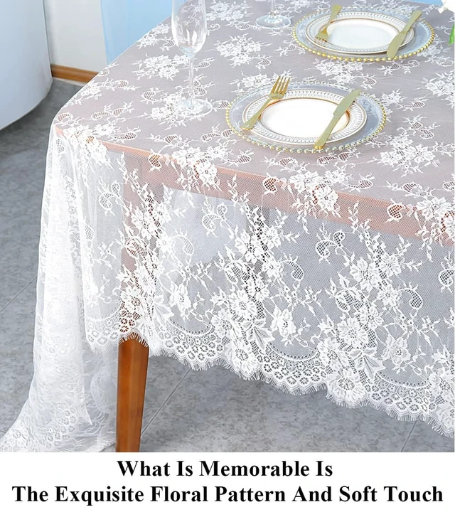 Alt view image 3 of 6 - White Lace Tablecloth Rectangular 60x120 Inch Sheer Wedding Party Decor | Vintage Boho Embroidered Floral Lace Table Cloth, Oblong Sheer Tulle for Rustic Wedding, Birthday Party Holiday Table Decor