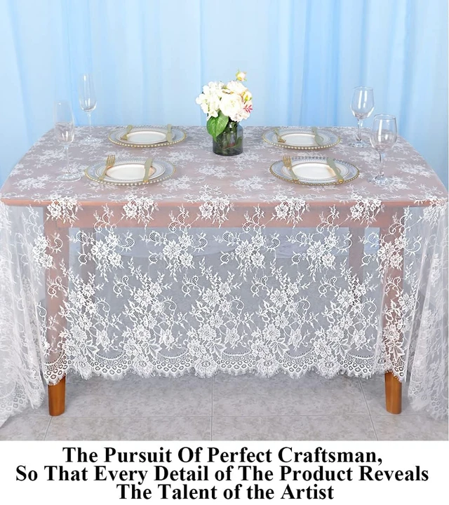 Alt view image 4 of 6 - White Lace Tablecloth Rectangular 60x120 Inch Sheer Wedding Party Decor | Vintage Boho Embroidered Floral Lace Table Cloth, Oblong Sheer Tulle for Rustic Wedding, Birthday Party Holiday Table Decor