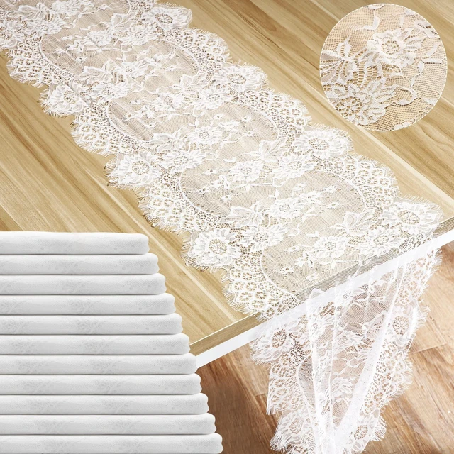Main image of 12 Pack White Lace Table Runner 14 x 120 Inch Rustic Table Runner | Vintage Lace Tablecloth with Rose Embroidered Floral for Boho Wedding Party Decor for Summer Fall Kitchen Bridal Baby Shower