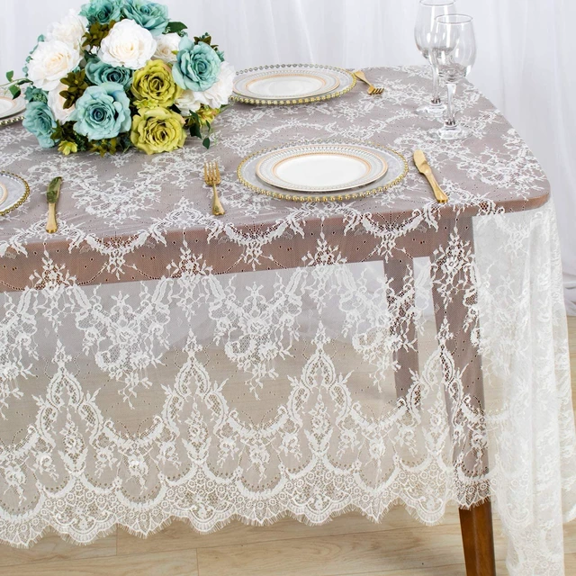 Main image of Lace Tablecloth White Rectangle Wedding Vintage Floral Fabric | Lace Table Cloth Ivory Farmhouse Rustic Boho Sheer Overlay, Embroidery Eyelash Lace Cover for Outdoor Party Reception Decor