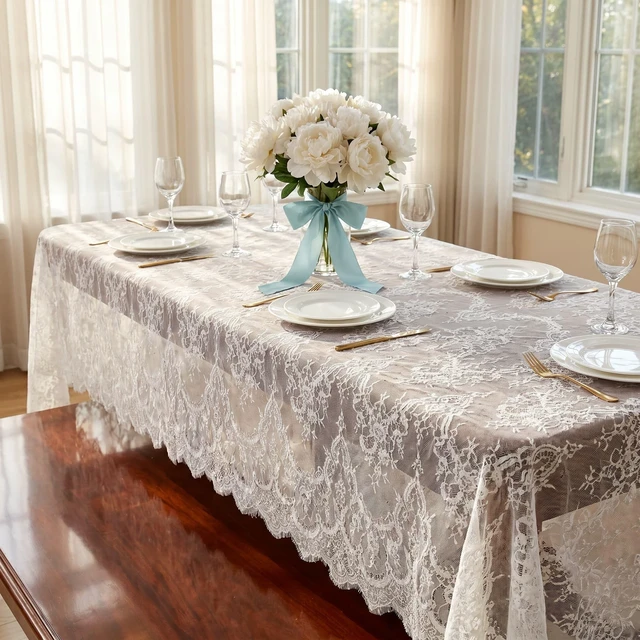 Alt view image 2 of 6 - Lace Tablecloth White Rectangle Wedding Vintage Floral Fabric | Lace Table Cloth Ivory Farmhouse Rustic Boho Sheer Overlay, Embroidery Eyelash Lace Cover for Outdoor Party Reception Decor