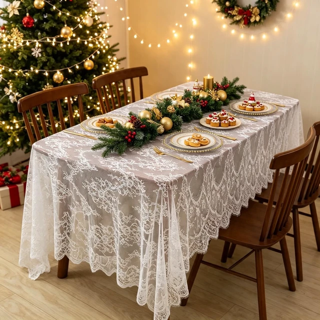 Alt view image 4 of 6 - Lace Tablecloth White Rectangle Wedding Vintage Floral Fabric | Lace Table Cloth Ivory Farmhouse Rustic Boho Sheer Overlay, Embroidery Eyelash Lace Cover for Outdoor Party Reception Decor