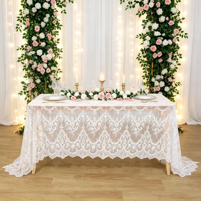 Alt view image 6 of 6 - Lace Tablecloth White Rectangle Wedding Vintage Floral Fabric | Lace Table Cloth Ivory Farmhouse Rustic Boho Sheer Overlay, Embroidery Eyelash Lace Cover for Outdoor Party Reception Decor