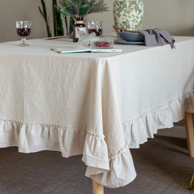 Alt view image 2 of 5 - Retro Farmhouse Ruffle Tablecloth Cotton Flounces Trim Washable Table Cover Tablecloths for Rectangle Table Baby Shower Kitchen Party Wedding Decor, 52''x70''