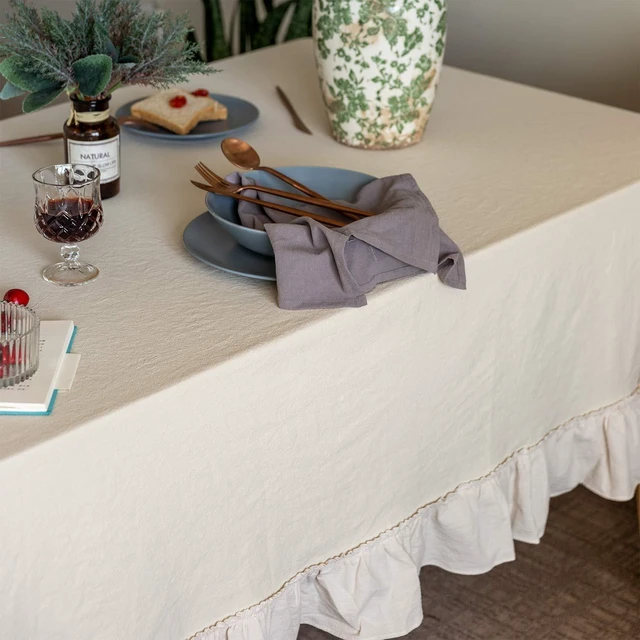 Alt view image 3 of 5 - Retro Farmhouse Ruffle Tablecloth Cotton Flounces Trim Washable Table Cover Tablecloths for Rectangle Table Baby Shower Kitchen Party Wedding Decor, 52''x70''