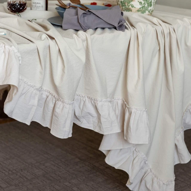 Alt view image 5 of 5 - Retro Farmhouse Ruffle Tablecloth Cotton Flounces Trim Washable Table Cover Tablecloths for Rectangle Table Baby Shower Kitchen Party Wedding Decor, 52''x70''
