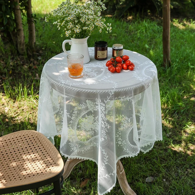 Alt view image 3 of 7 - White Lace Square Tablecloth for Square/Round Tables 55 x 55 Inch Vintage Embroidered Table Cloth Shabby Chic Wedding Baby Shower Table Cover (White, 55"x55")